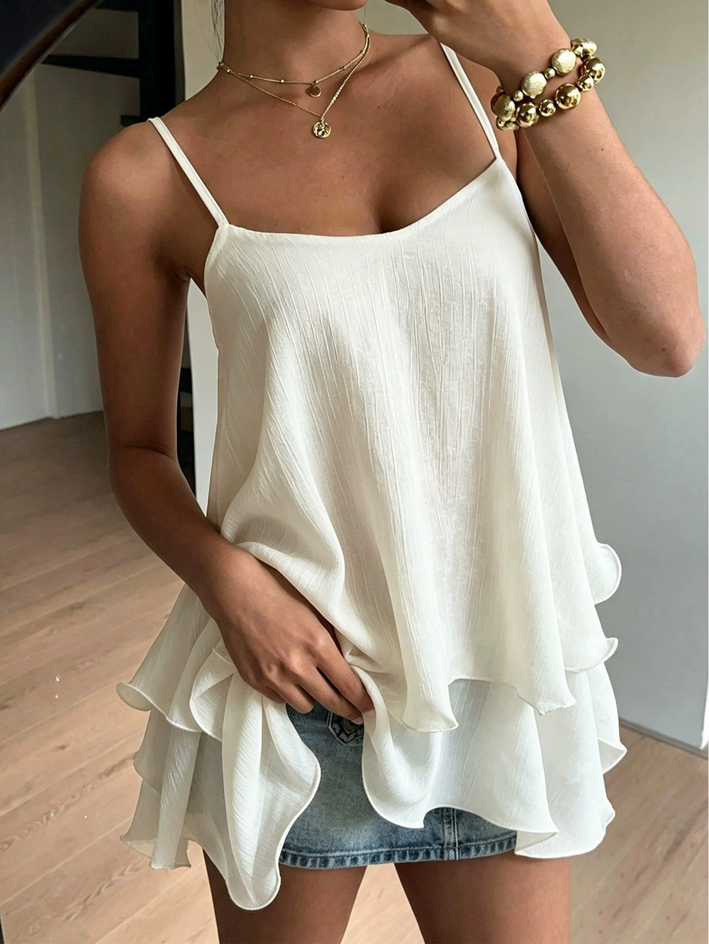 ZARA Soft Double Layer Ruffled Back Tie Camisole Top Slimming Waist